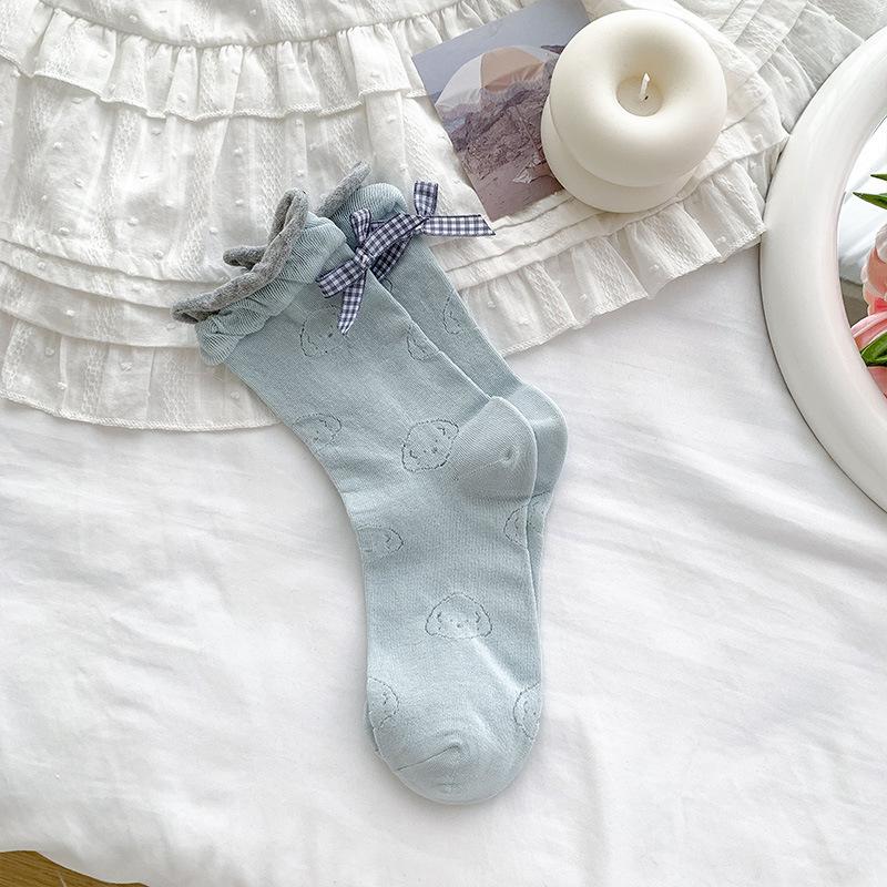 

Женские весенне-летние тонкие милые ажурные носки с милым бантом в рубчик из хлопка 1 pair синий