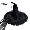 Velvet Witch Hat Halloween for Women, Large Black Wizard with Magical Mesh Ruffle Brim Adults Costume, Cosplay Party