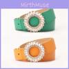 Womens Fashion Pu Leather Belt With Waterdiamond Round Buckle For Elegant Casual Wear