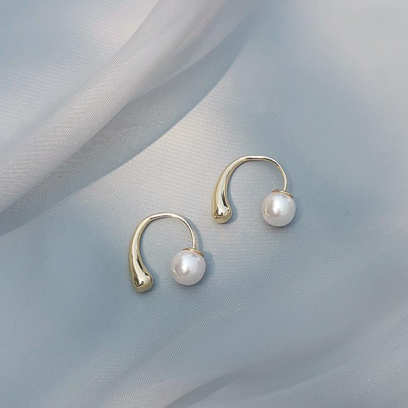 Korean Style Elegant Pearl Water Drop Stud Earrings for Women - Two-Way Personality Design
