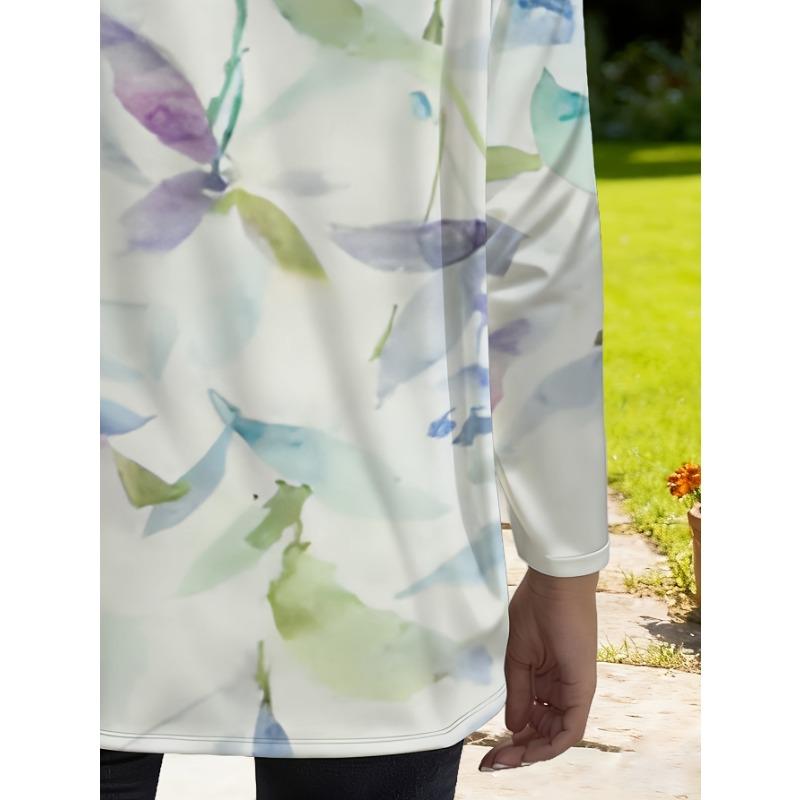 Large Size Women's Spring and Summer New Printed Loose Long-sleeved Tops with Pockets