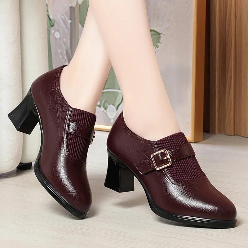 Autumn Fashion Comfort Deep Mouth Soft Leather Shoes Women Pumps  Spring Block Heels Shoes for Office Mom Model Daily