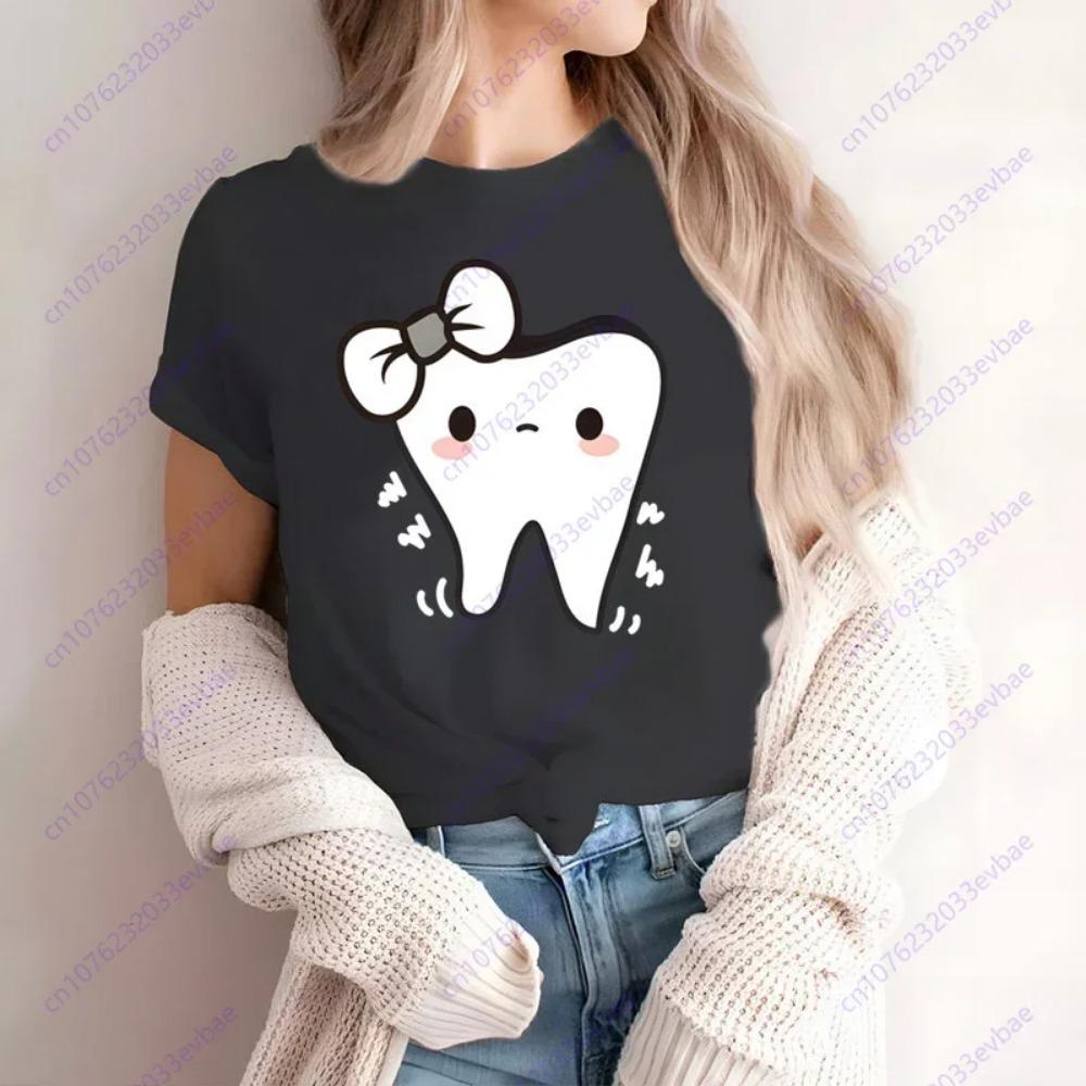 Aesthetic Funny Tooth Dentist Kawaii T-Shirt Women Short Sleeve Summer Fashion Tshirt Casual Black Fashion Tee Shirt O-Neck Tops