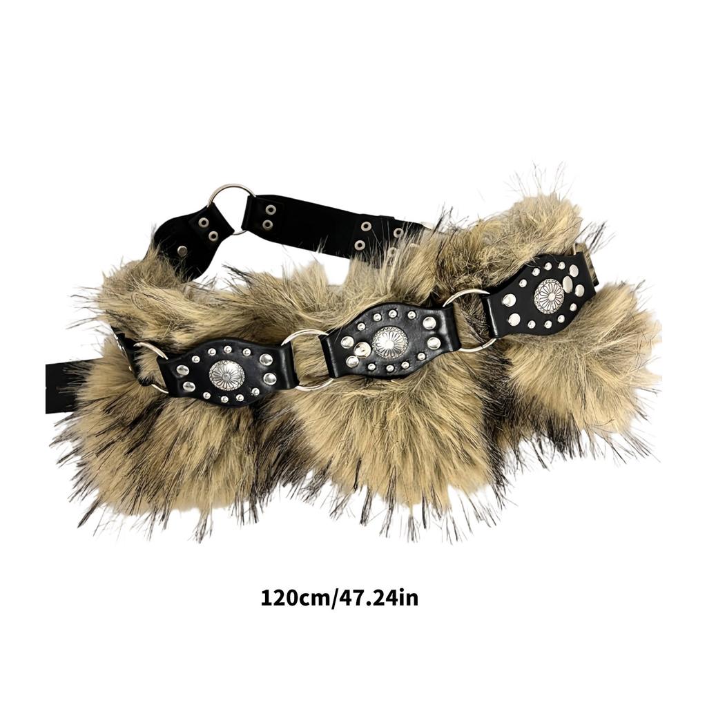 Retro Cowgirl Style Waistband Studded Faux Furry Belt Adjustable Length Waist Girdle Gothic Unisex Clothing Accessory