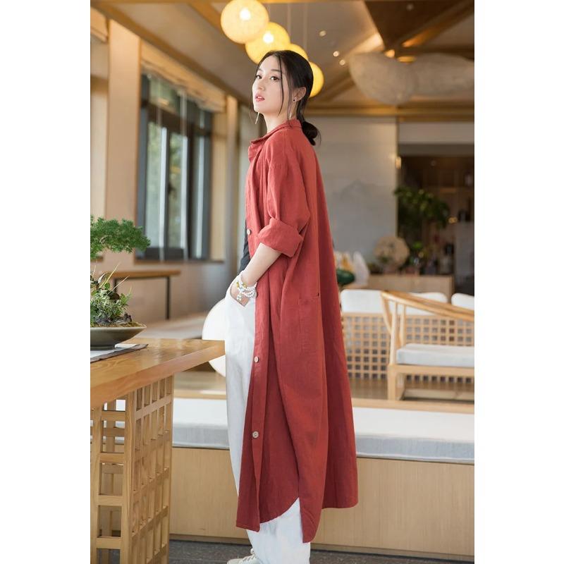 Women Vintage Linen Long Shirts Solid Color Long Sleeve Blouses Spring Button Turn Down Collar Shirt