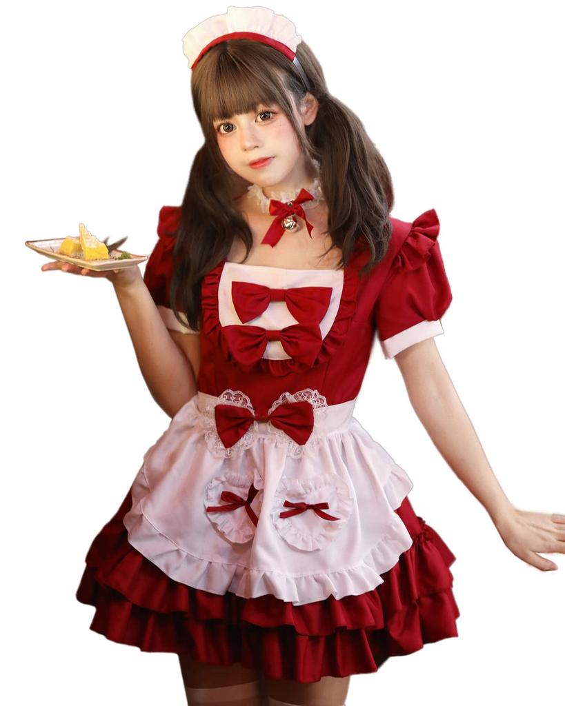 Milky Time Women's Lolita Maid Cosplay Dress, Short Sleeves, Ribbon, 4 Colors (Red)