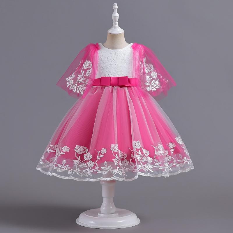 Girls Princess Dress Mesh Fluffy Dress Children's Lace Short-Sleeved Dress