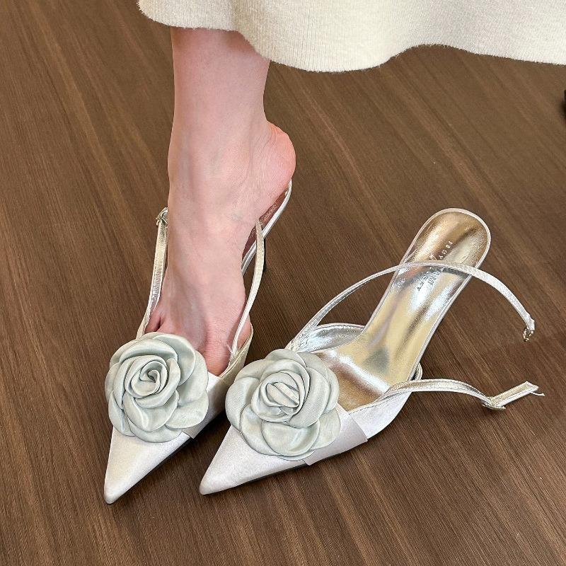 fashion Sweet Flowers Designer Women Pointed Toe Stiletto Sandals Summer 2024 Dress Slippers Party Flip Flops High Heels Women Slippers