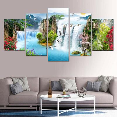 5 Panels Landscape Waterfall Forest Mountain Birds Canvas Painting Posters and Prints Wall Art Pictures Home Decor No Frame