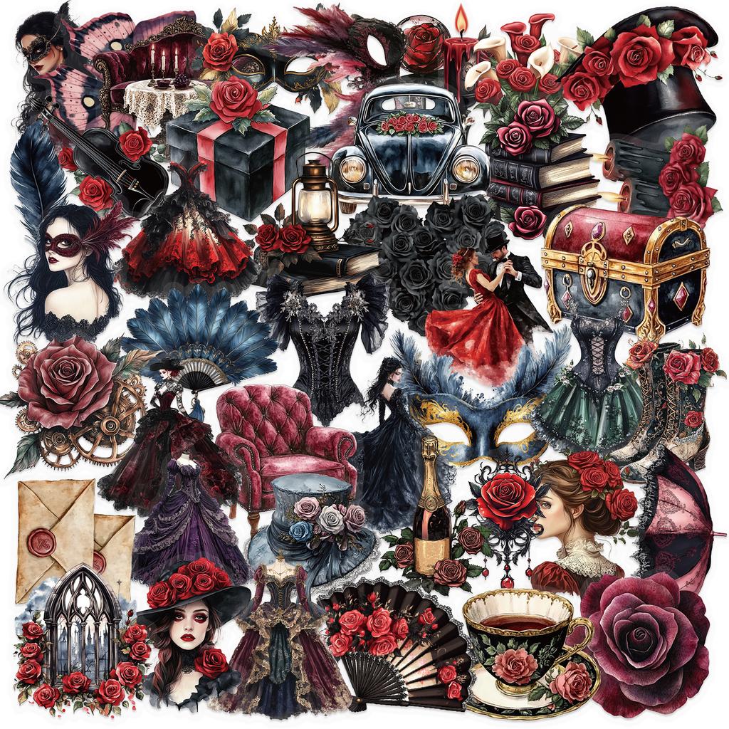 50pcs Black and Red Cartoon Mask Ball Series Stickers Waterproof Gothic Rose Decoration DIY Water Cup Phone Sticker