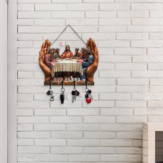 Dřevěný křesťanský držák na klíče 2D plochý Ježíš přijímání umění klíčenka stojan se 4 háčky náboženský nástěnný stojan na klíče pro vstupní halu domácí dekorace