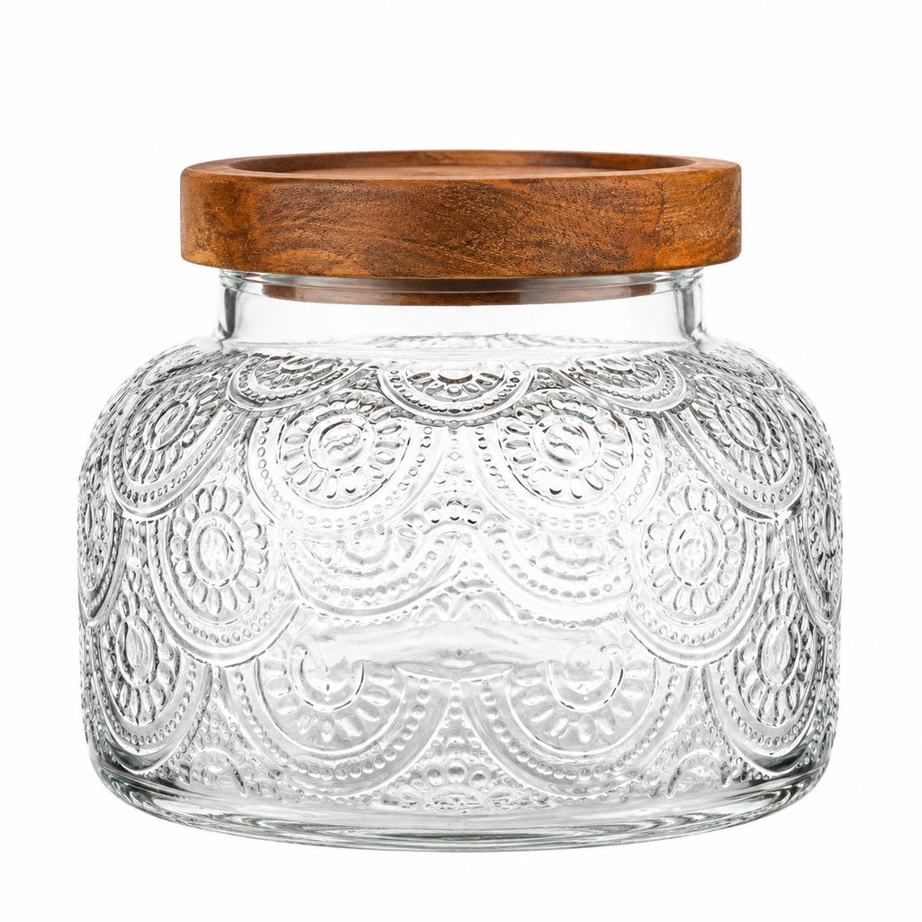 Elegant Food Storage Jar Embossed Glass Canister for Kitchen Organization Airtight Wooden Lid Coffee Tea Nut Container
