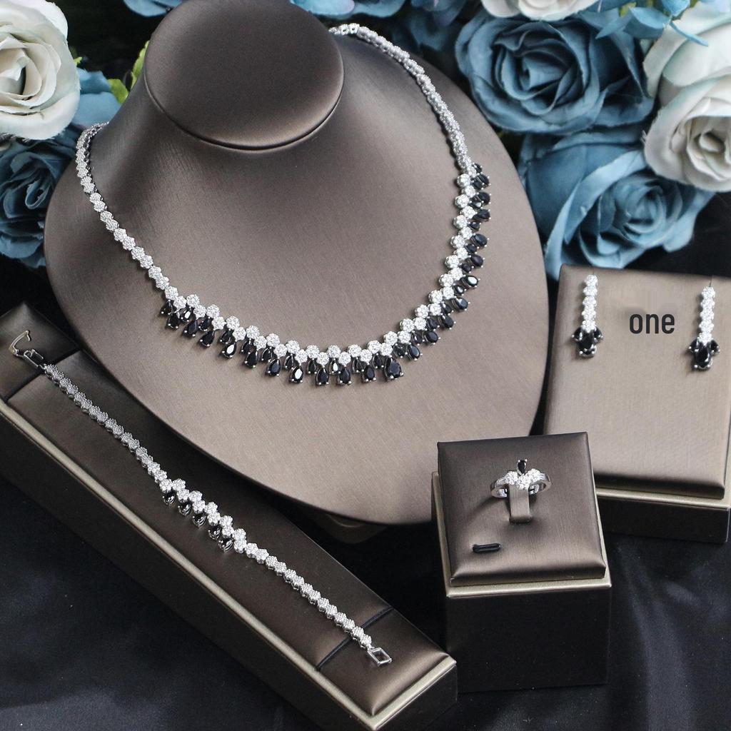 Korean Bridal Jewelry Set: Zircon Necklace, Earrings & Ring - Elegant Wedding Accessories