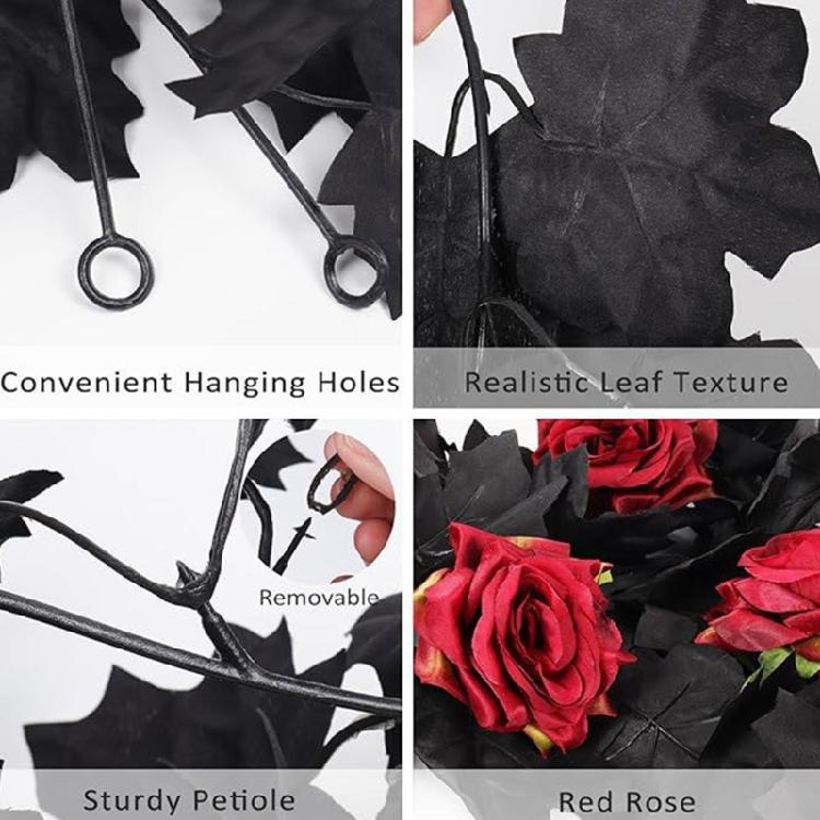 Halloween Home Setting Accent, 65.98 Inch Black Maple Rose Chain for Entryway, Door Frame, Shelf, and Wall Trim