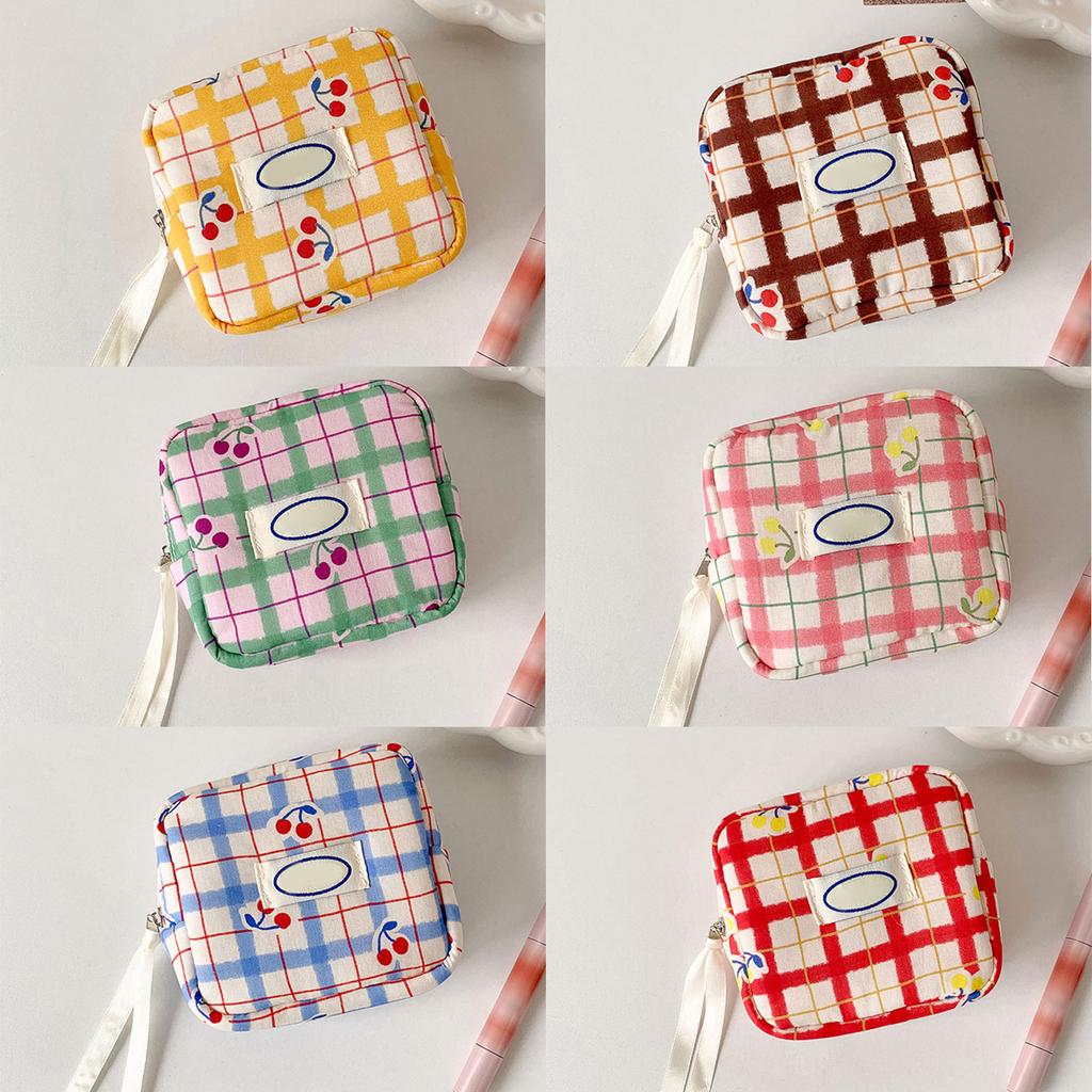 Cute Checkered Cosmetic Bag With Fruit Pattern Compact Size Interior Dividers Portable Makeup Organizer for Women