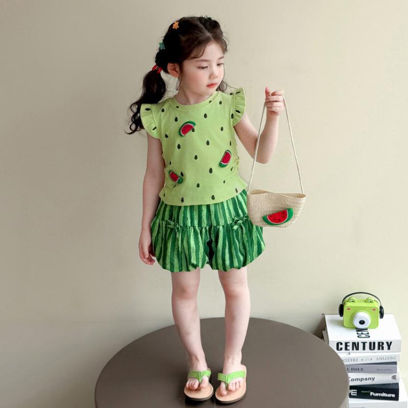 Girls Summer Watermelon Print Two Piece Set Sweet Bubble Pants Casual Outfit 90