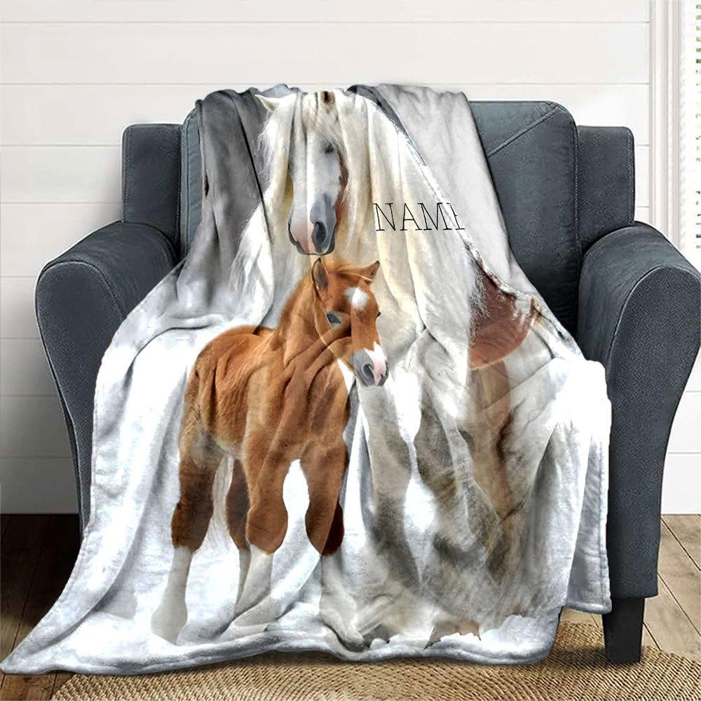 White Horse And Foal In Snow Scene Home Customize Your Name Blankets Soft Cozy Lightweight Versatile For All Seasons Perfect For Picnics Sofa Office