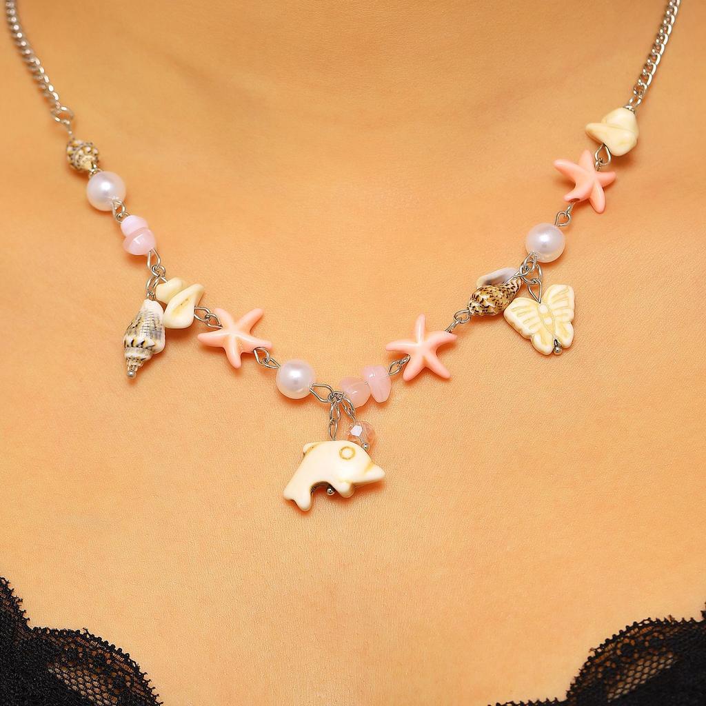 Cute Sweet Dopamine Colored Flower Shell Star Pearl Beaded Collar Chain for Women Beach Vacation Pendant Necklace Jewelry Gifts