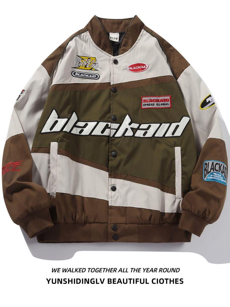 Unisex retro závodní vyšívaná bunda - Americký a evropský pouliční styl, design pro motorkáře a baseball pro podzim/zimu