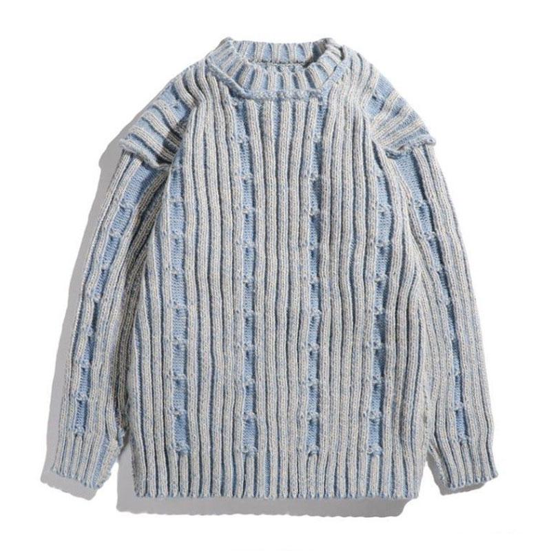 

Japan Style Vintage Striped Sweaters Men s Clothing O-Neck Loose Autumn Winter Contrasting Colors Basic Casual Knitted Pullovers L синій