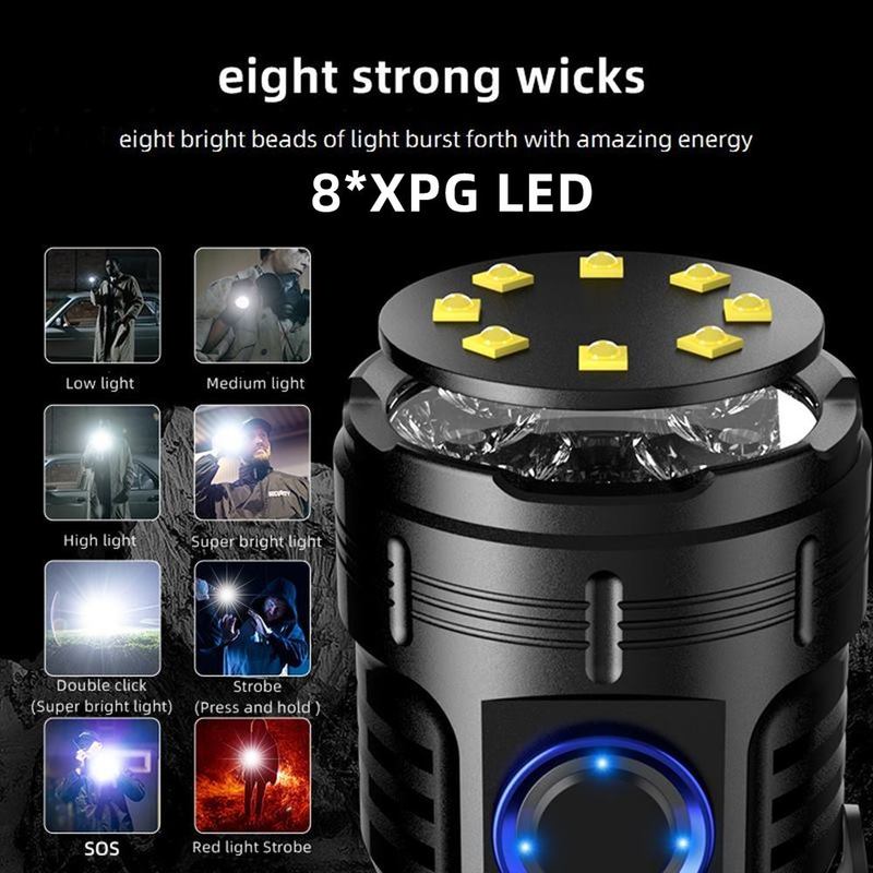 8xLed Palm High Bright Flashlight Usb Charging Portable Red Flash Light Torch Outdoor Pocket Hiking Magnet Work Car Repair 26350