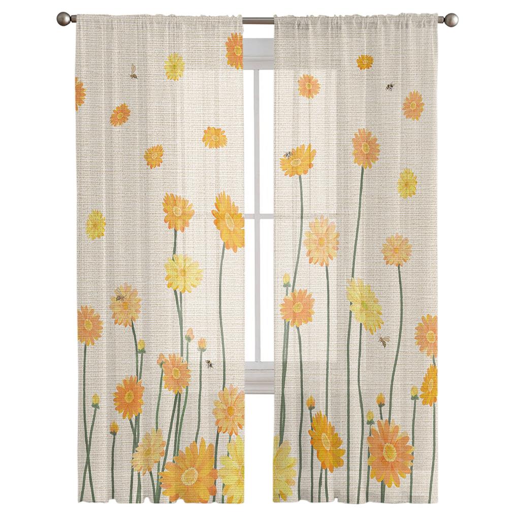 Yellow Daisy Flower And Bee Sheer Window Curtains For Living Room Kitchen Children Bedroom Voile Hanging Curtain