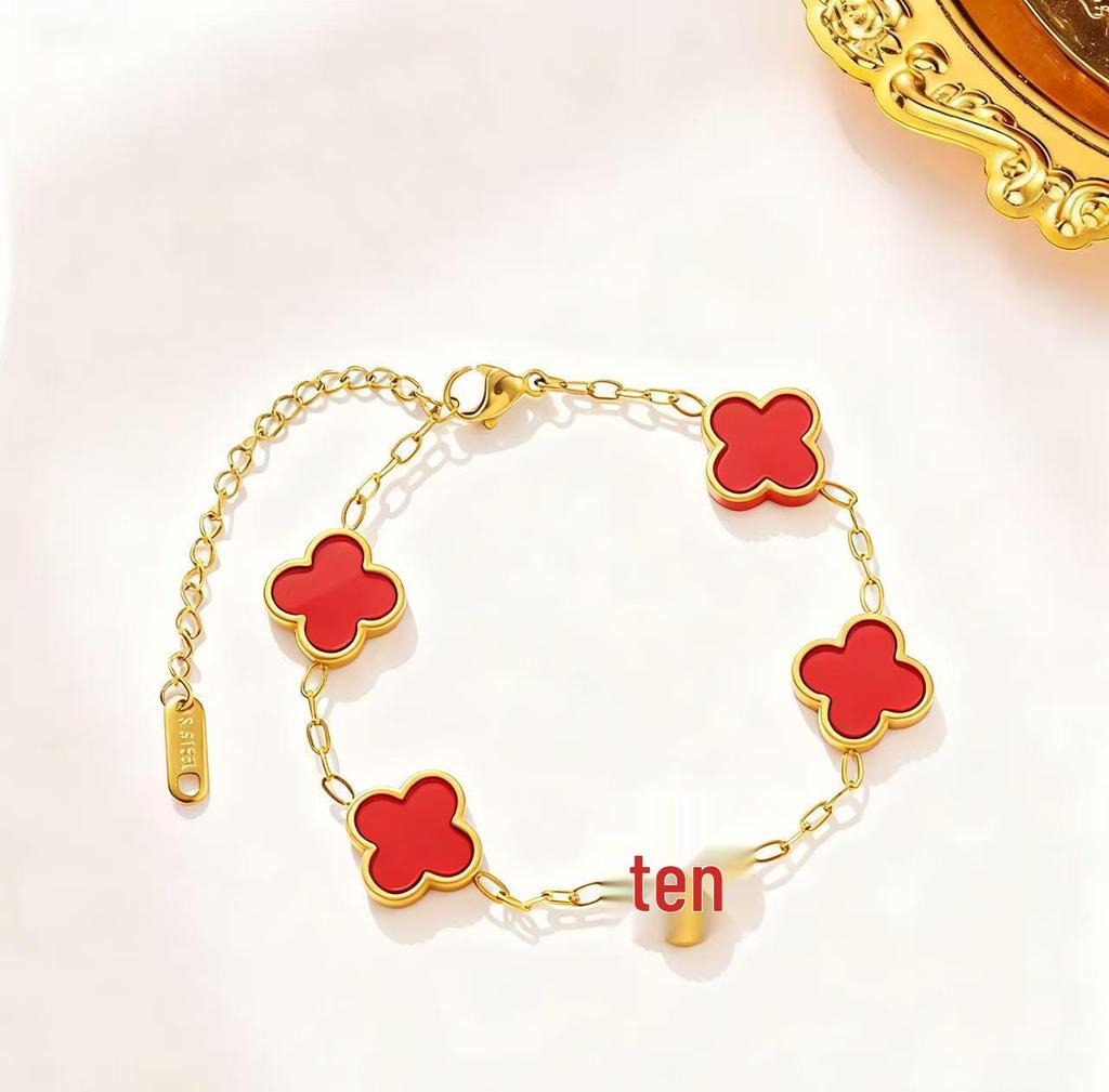 13mm Vierblättriges Kleeblatt Titanstahl Schmuckset: 18K Armband, Halskette, Ohrringe