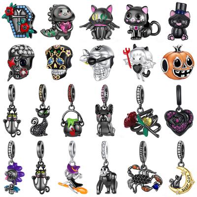 Original Copper Halloween Black Cat Spider Skull Pumpkin Ghost Beads Charms For Pan Bracelet Diy Jewellery
