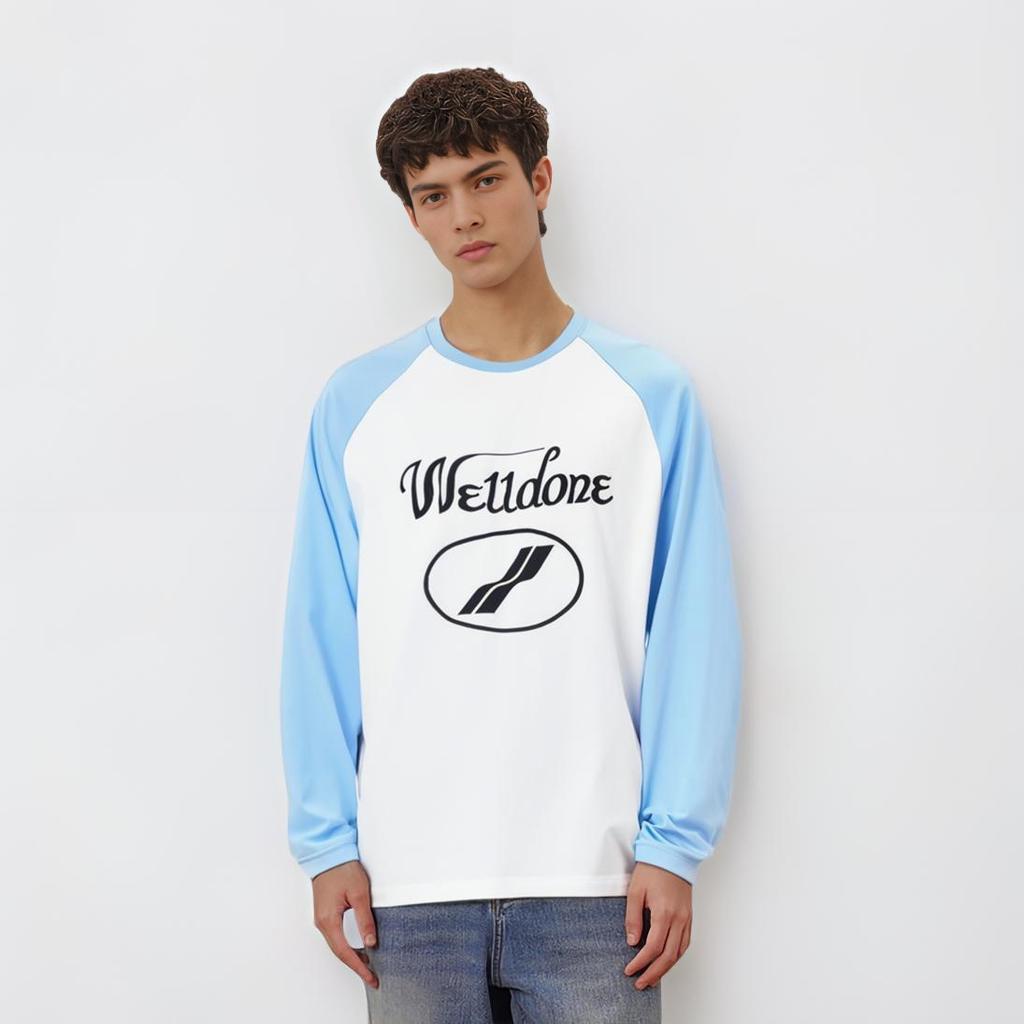 We11done FW22 Round Logo Color Block Raglan Letter Print Crew Neck Long Sleeve T-Shirt Unisex Tops Sky-Blue WD-TT3-22-858-U-SK-0