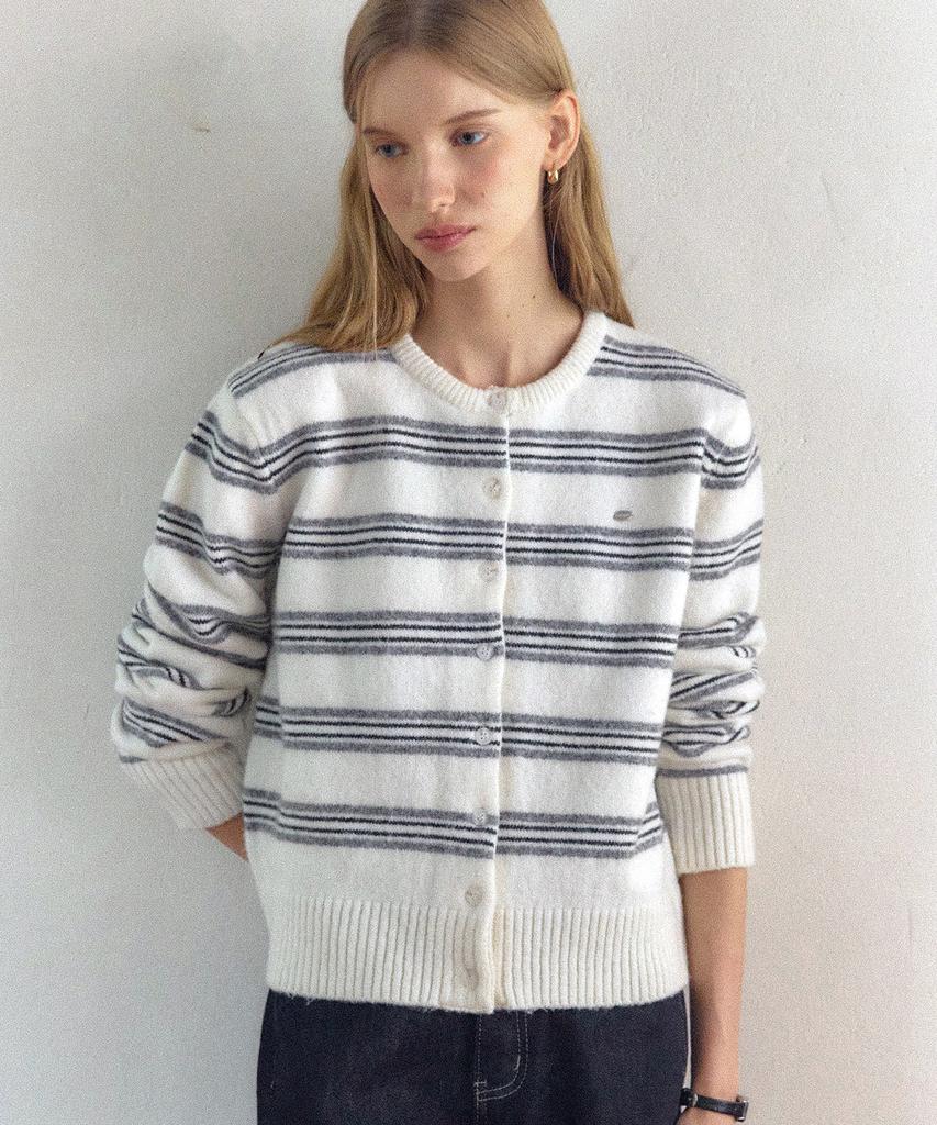 Ourhope Multi-Stripe Round Neck Cardigan - Ivory