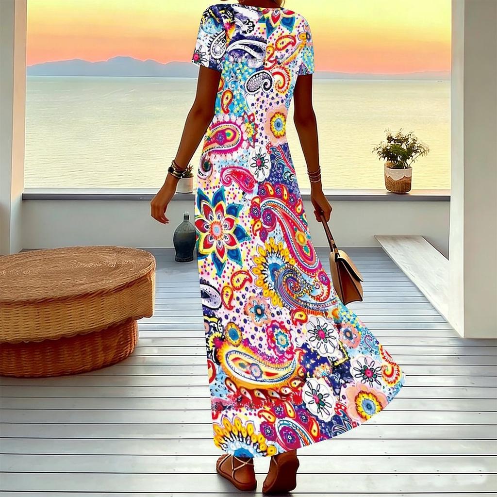 Women Plus Size V Neck Short Sleeve Maxi Dress Retro Paisley Print Loose Fit Summer Beach Long Dress