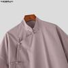 INCERUN Summer Men Stand Neck Short Sleeve Side Buttons Casual Vintage Shirts Tops
