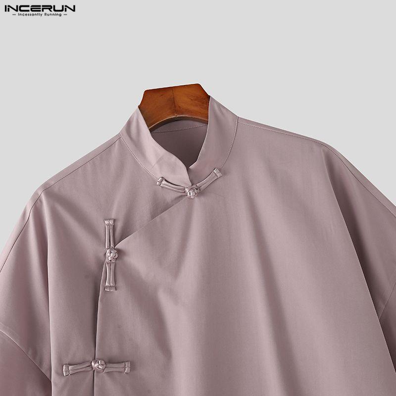 INCERUN Summer Men Stand Neck Short Sleeve Side Buttons Casual Vintage Shirts Tops