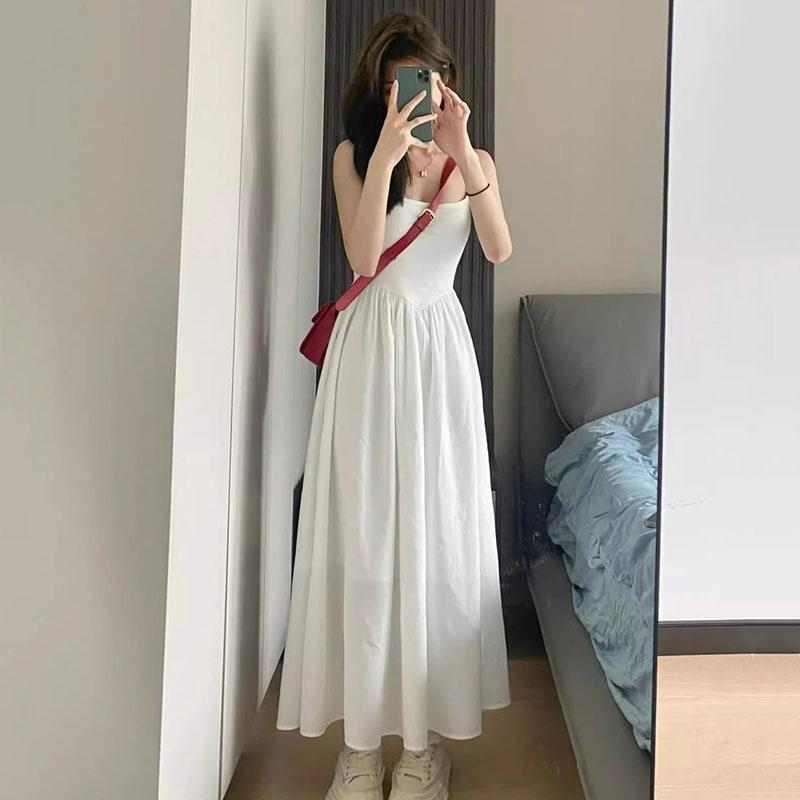 

Summer High Waisted Suspender Dress Female Casual Simple Versatile Long Dresses Women Elegant Streetwear Camisole Dress Slimming and Long Skirt XS белый