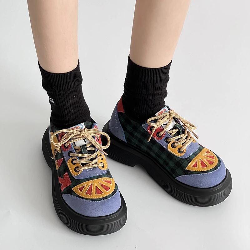 Fashion Women Mixed Color Chunky Heel Ankle Boots Fashion Ladies Walking Sneakers Colorful Expression Patches Soft-soled Platform Shoes