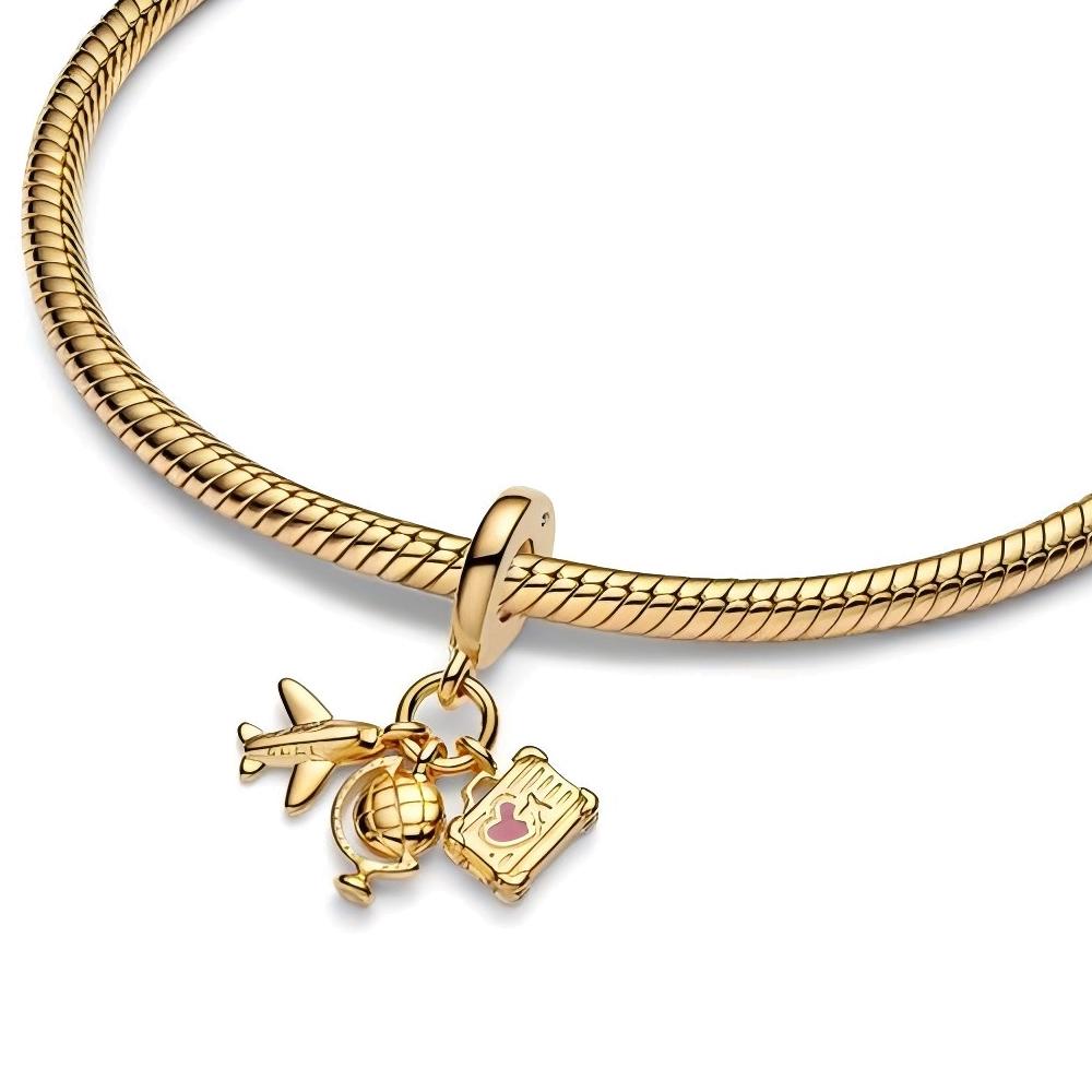 Gold Series Family Infinity & Airplane Globe Suitcase Triple Dangle Charm Fit Pan Bracelet DIY Women's Jewelry Gift