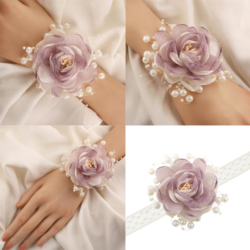 Organza Pearls Wrist Flower Decoration Wrist Corsage Lace Ribbon Wristband Jewelry For Bridal Shower Wedding Ceremony
