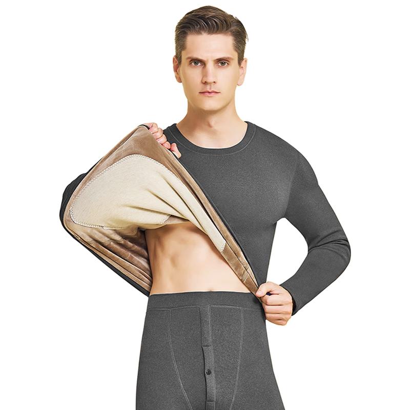 YaLu Men's Fleece-Lined Thick Thermal Underwear Set with Wool Patches