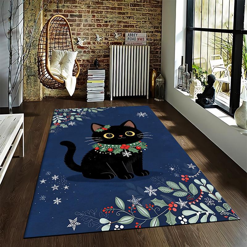 Black Cat Christmas Themed Carpet with Snowflakes and Holly Design Suitable for use as an anti-slip for living room bedroom sofas