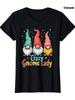 Unisex Retro Round Neck Short Sleeve T-Shirt Featuring a Crazy Gnome Lady Design with Three Vibrant