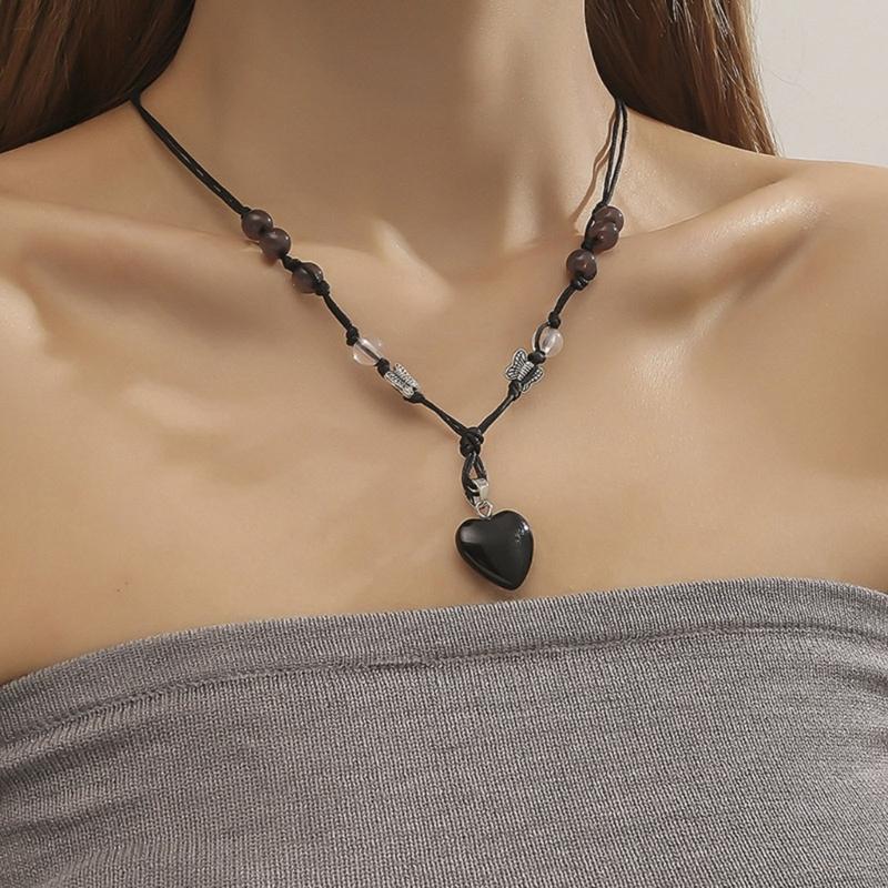 Heart Natural Stone Necklace Woven Rope Chain Choker for Women Girl Unisex Necklace Gemstone-Jewelry Ornament Gift