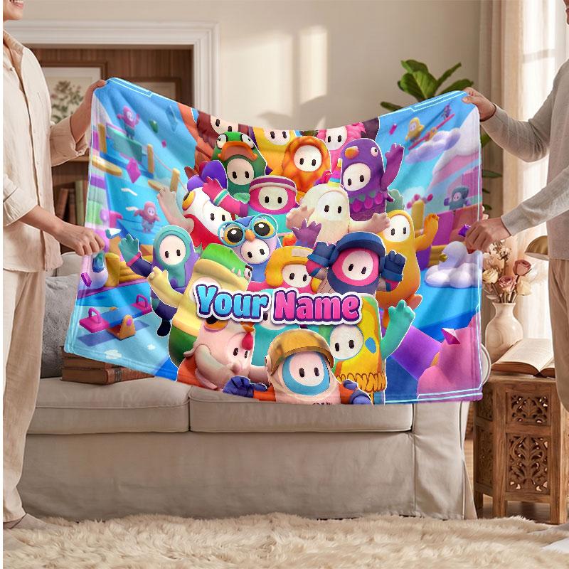 Fall Guys Personalized Flannel Blanket, Custom Printed Text Name, Warm Soft Blanket For Couch Bed