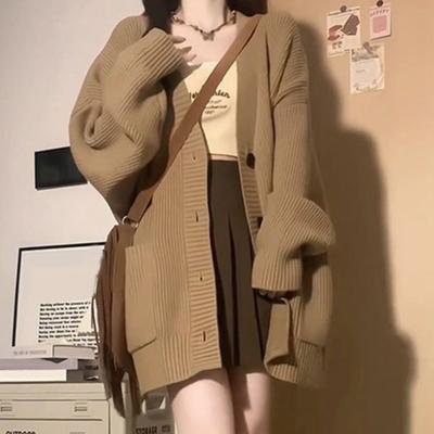 Abrigo Suéter para Mujer Cuello en V Manga Larga Color Sólido Abrigo de Punto con Bolsillos Grandes Largo Medio Corte Holgado Cárdigan Suéter