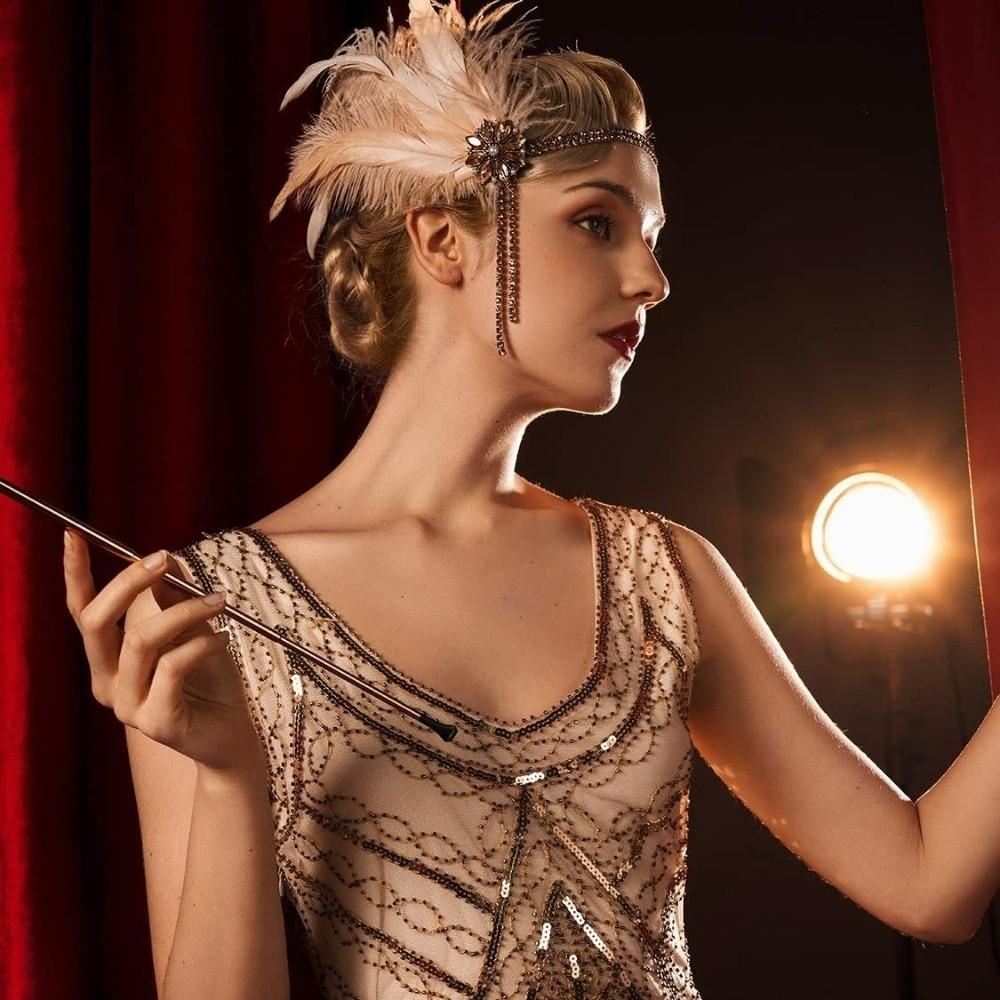 Water Diamond Feather Headwear 1920s Rhinestone Headpiece Chain Feather Hairband  Brides Makeup