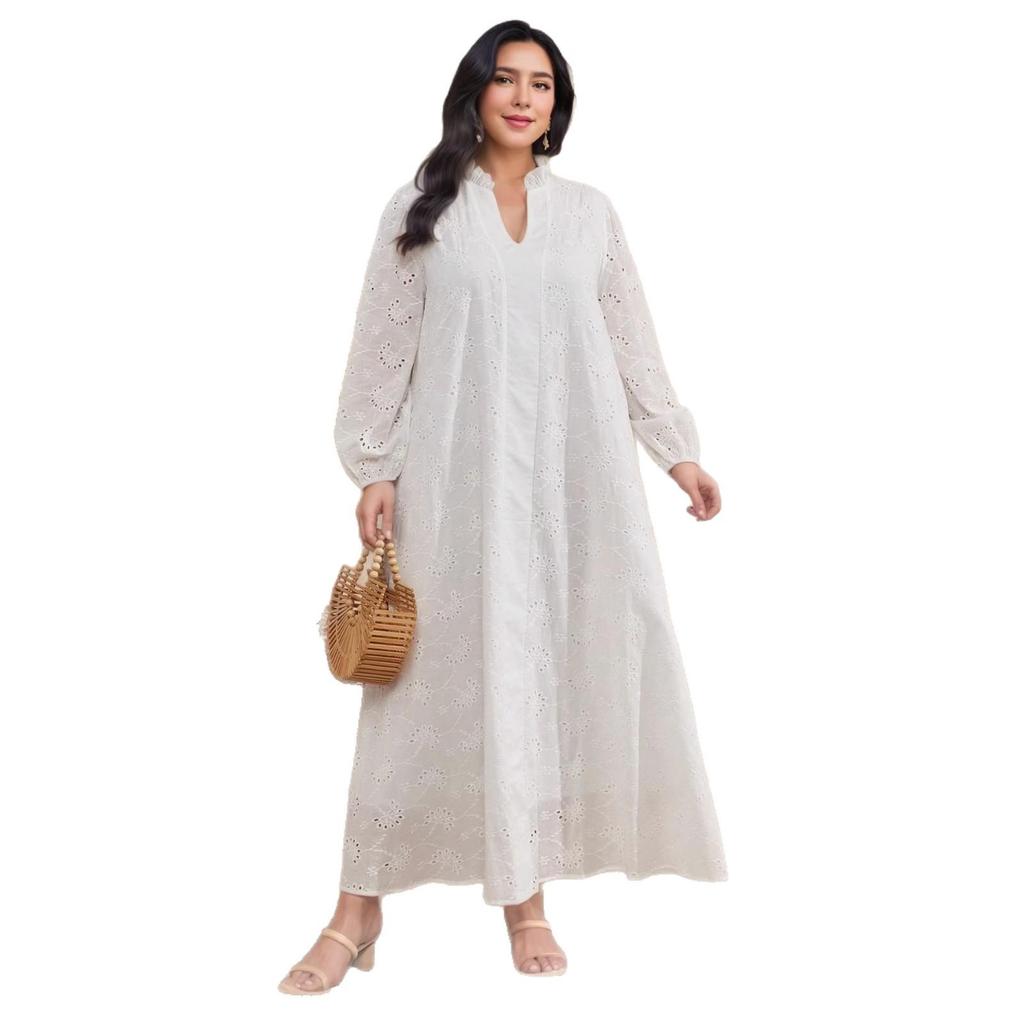 Plus Size V-neck Embroidered Lantern Sleeve Casual Dress