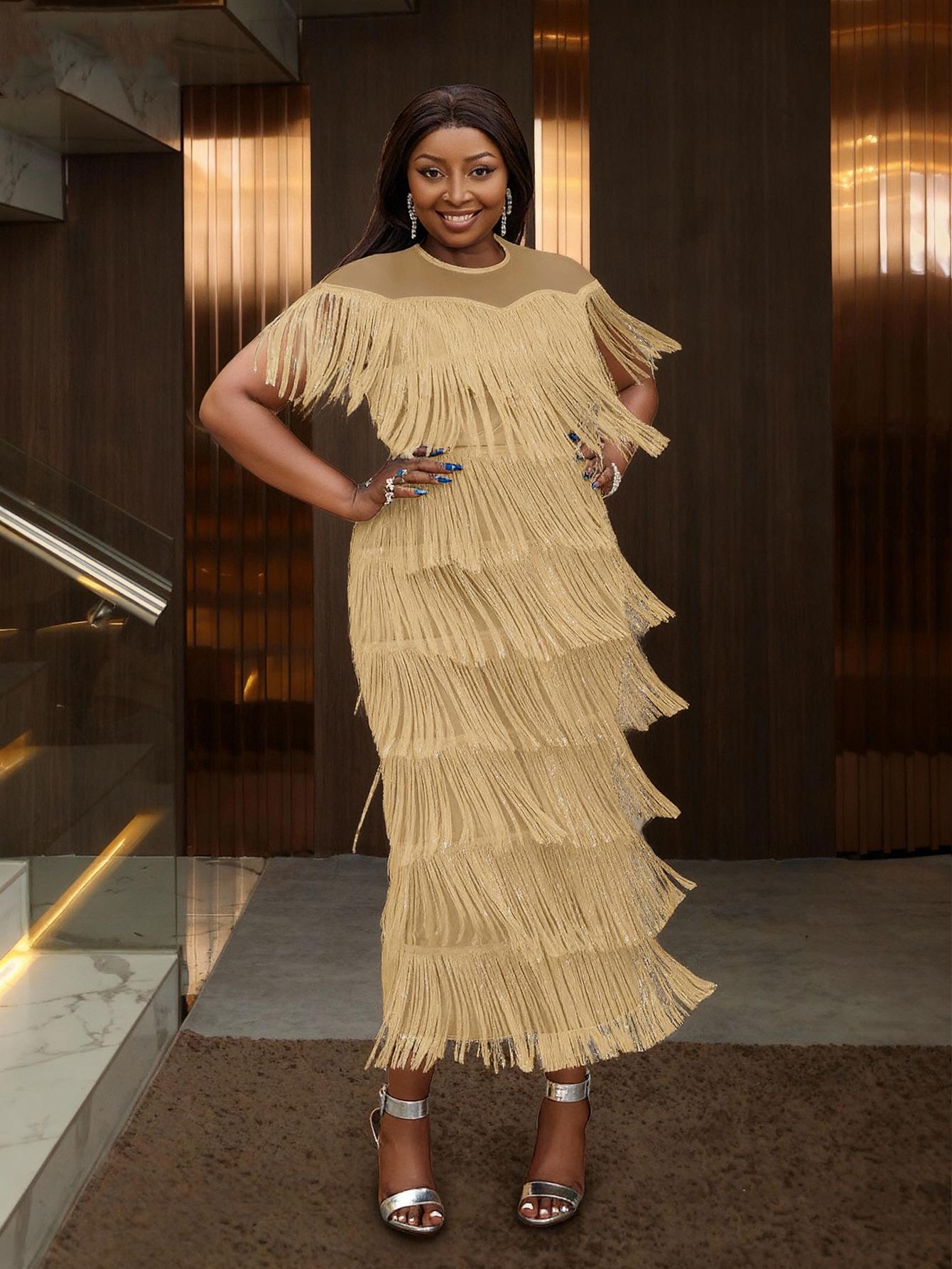 

Коктейльна сукня великого розміру 200 цзінь з китицями, круглим вирізом та прозорим бічним розрізом S хакі