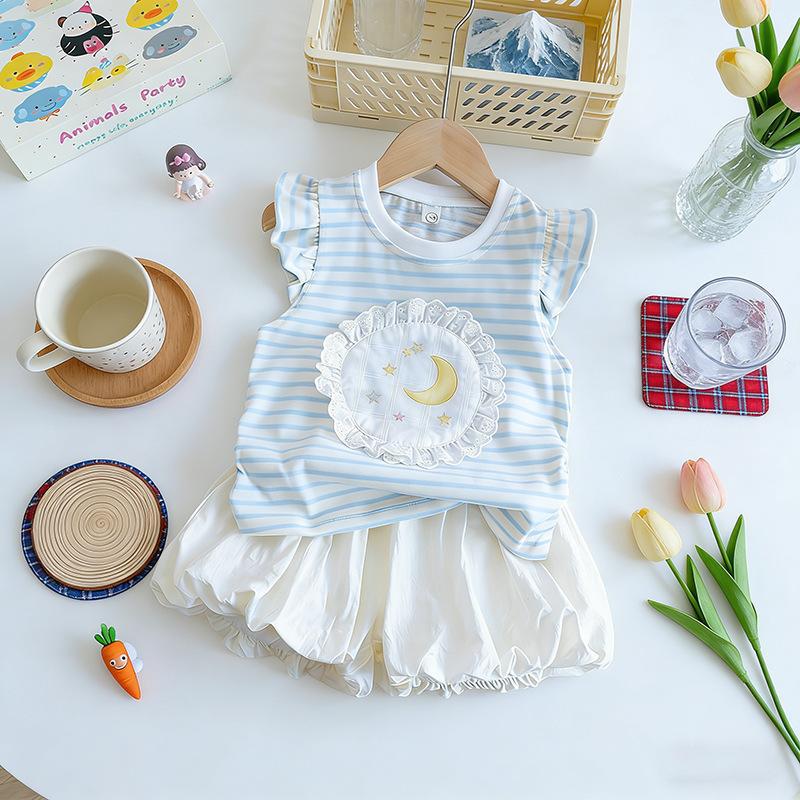 Summer Girls Dopamine Sweet Cartoon Striped Top With Bud Shorts Lace Trim Two Piece Set Cute Kids Outfit