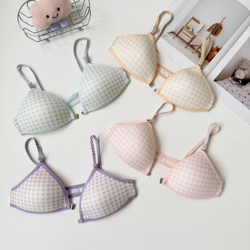 Japanese girls plaid contrasting color front buckle underwear women's no steel ring small breasts gather and show big upper support sub-breasts bra