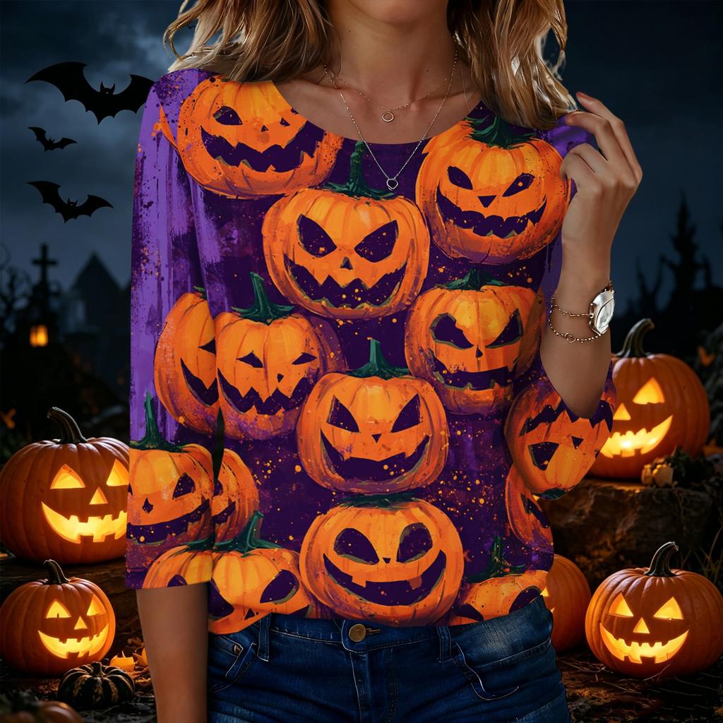 Women's Casual Halloween Print Round Neck Three Quarter Sleeve T Shirt Top Lightweight Comfortable Fit