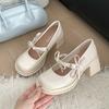 Fashion Temperament French White Bow Thick Heel High Heels Women's 2025 New Spring and Autumn Skirt Mary Jane Shoes